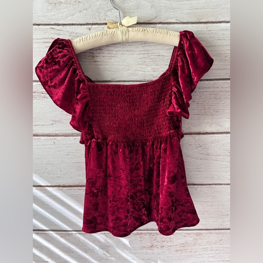 BiBi Red Crushed Velvet Ruffle Sleeve Top – Size Small ❤️✨ Date Night Party - Picture 3 of 7